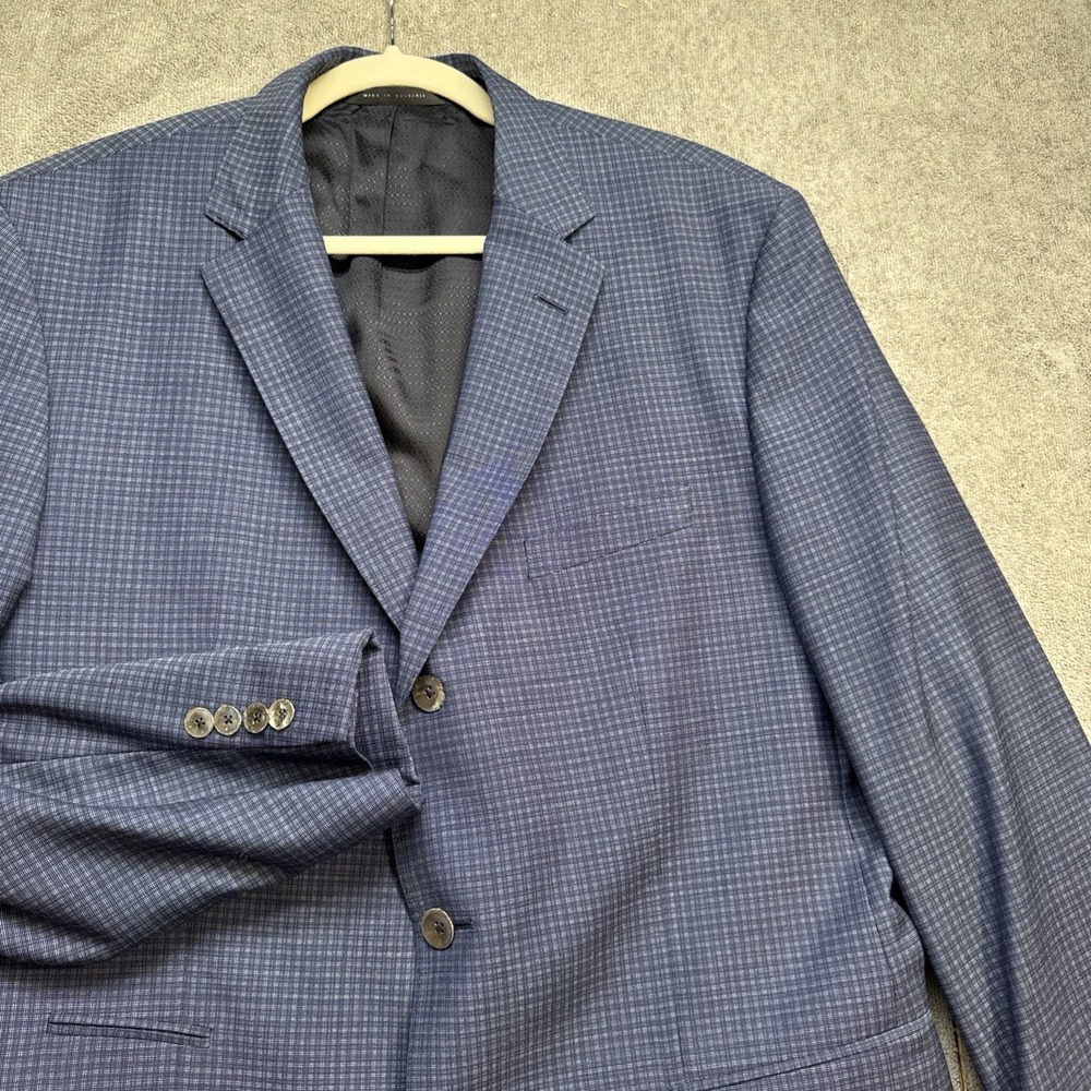 Hugo Boss Blue Check Wool Blazer 44L Two Button Notch Lapel Classic Fit Jacket